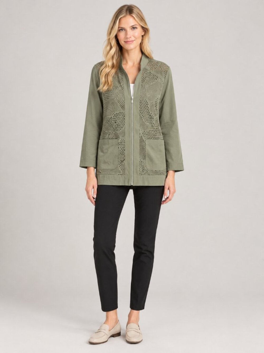 Chico's ZENERGY Full-Zip Perforated Mesh Utility Jacket Fatigue 16 #A5210